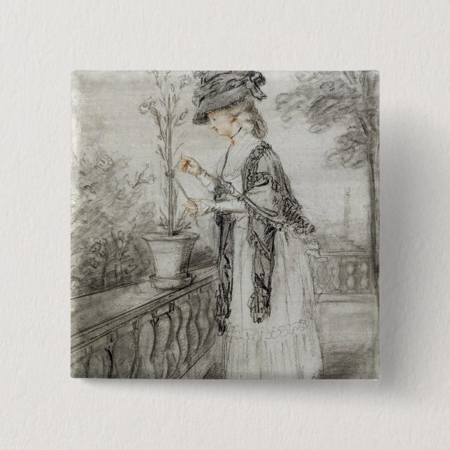 Lady on a Terrace Tending a Carnation Plant (black 15 Cm Square Badge (Front)