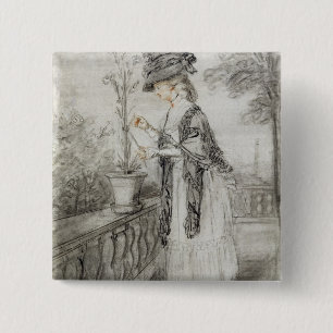 Lady on a Terrace Tending a Carnation Plant (black 15 Cm Square Badge