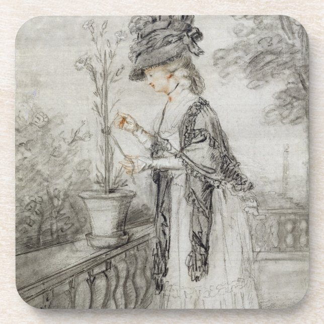 Lady on a Terrace Tending a Carnation Plant (black Coaster (Front)