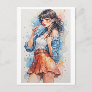 Lady on Skirt Drinking Water on a Holiday Postcard