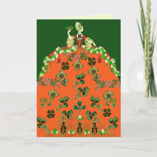 LADY ORANGE AND SHAMROCKS St. Patricks Day Fashion Holiday Card (Front)