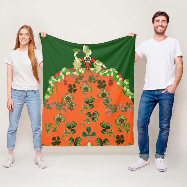 LADY ORANGE AND SHAMROCKS St. Patricks Day Green Fleece Blanket (In Situ)