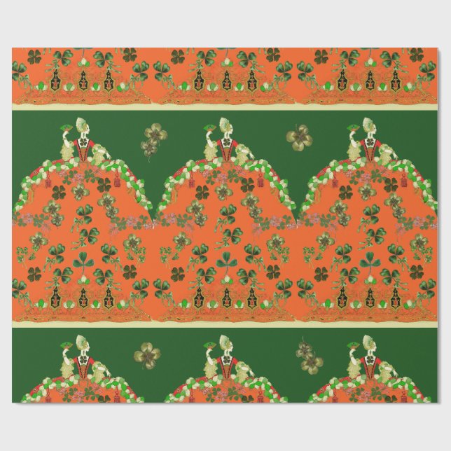 LADY ORANGE AND SHAMROCKS St. Patricks Day Green Wrapping Paper (Flat)