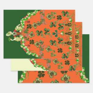 LADY ORANGE AND SHAMROCKS St. Patricks Day Green  Wrapping Paper Sheet