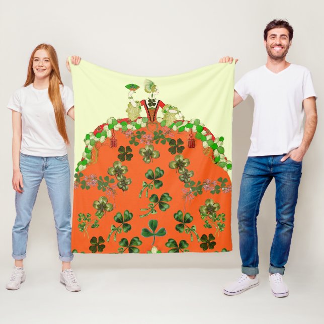 LADY ORANGE AND SHAMROCKS St. Patricks Day Party Fleece Blanket (In Situ)