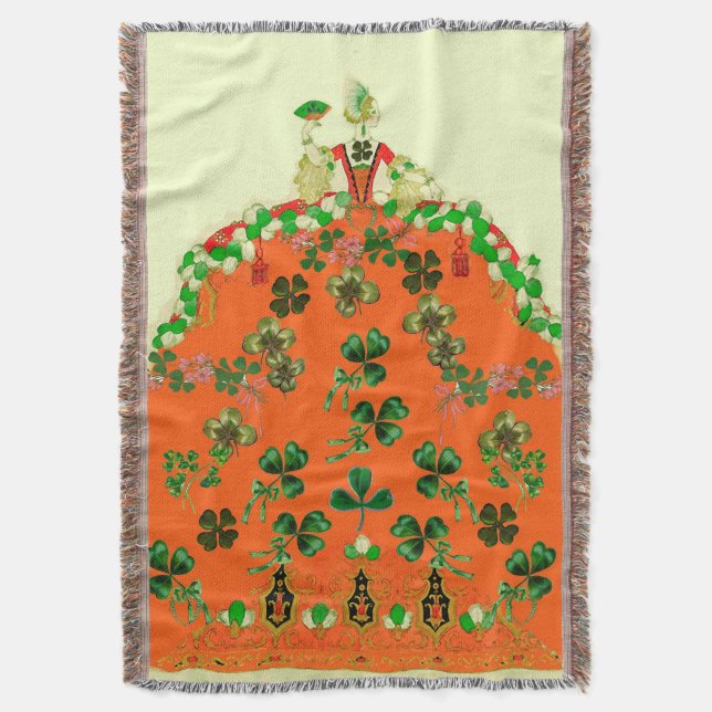 LADY ORANGE AND SHAMROCKS St. Patricks Day Party Throw Blanket (Front Vertical)