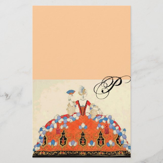 LADY ORANGE FASHION COSTUME DESIGN MONOGRAM Peach Stationery (Front)
