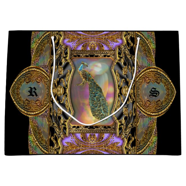 Lady Peacock  Monogram  Black Elegant Large Gift Bag (Front)