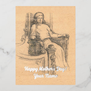 Lady pencil graphics on craft foil holiday postcard