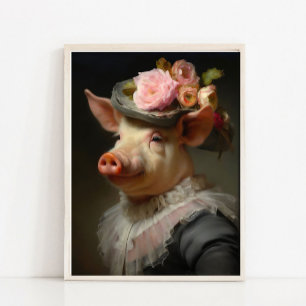 Lady Pig Vintage Portrait, Victorian Animal Portra Poster
