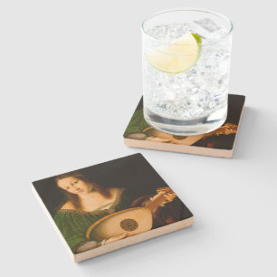 Lady Playing Lute Fine Art Painting Stone Coaster