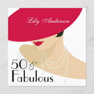 Lady Red hat elegant pearls 50 & Fabulous Invitation