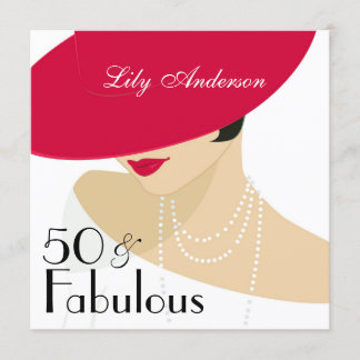 Lady Red hat elegant pearls 50 & Fabulous Invitation