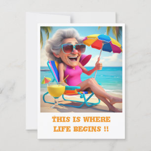 " LADY RETIRED AT THE BEACH " POSTCARD