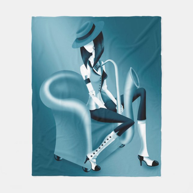 Lady Saxophonist - Jazz-Inspired Fleece Blanket (Front)