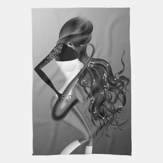 Lady Saxophonist Luna  Tea Towel (Vertical)