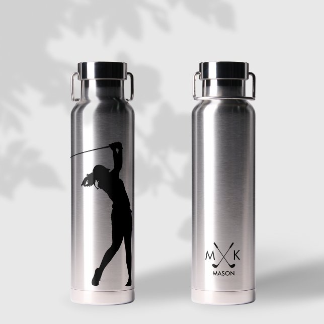Lady Silver With Black Modern Golfer Monogram Water Bottle (Creator Uploaded)