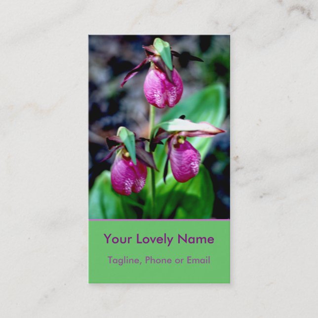 Lady Slipper I, Pink Magenta Green Garden Delight Business Card (Front)