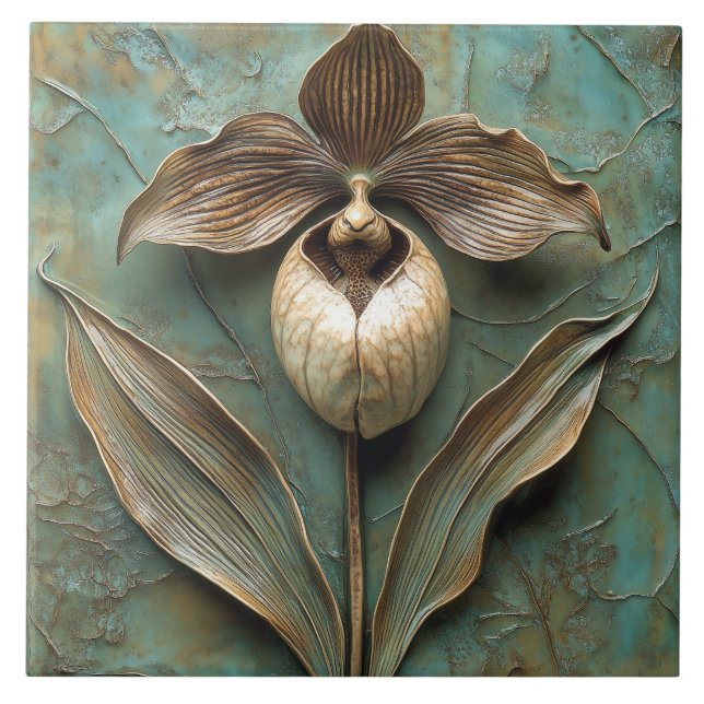Lady Slipper Orchid Faux Relief Flower Tile (Front)