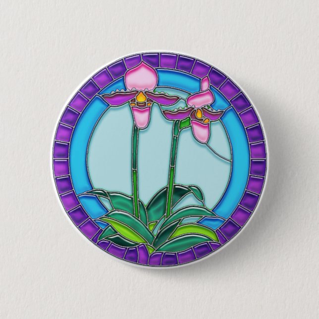 Lady Slipper Orchids in Circular Stained Glass 6 Cm Round Badge (Front)