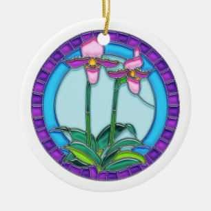 Lady Slipper Orchids in Circular Stained Glass Ceramic Tree Decoration