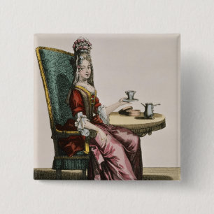 Lady Taking Coffee, fashion plate, c.1695 (engravi 15 Cm Square Badge