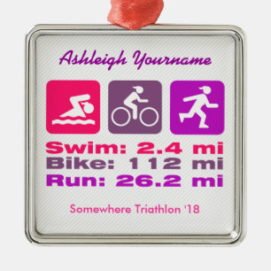 Lady Triathlete Swim Bike Run Pink Mauve Purple Metal Tree Decoration