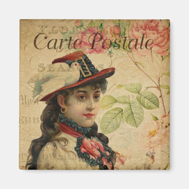 Lady Vintage Floral Postcard Magnet (Front)