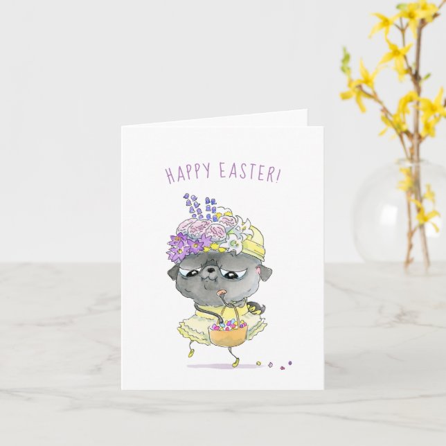 Lady Violet black pug Easter card (Yellow Flower)