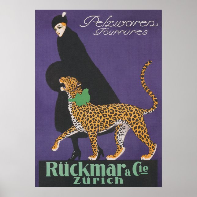 Lady Walking a Leopard Vintage Fashion Poster (Front)