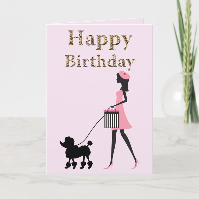 Lady walking black poodle Happy birthday Holiday Card (Front)