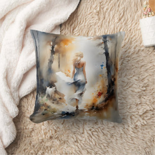 Lady Walking Through A Forest Cushion