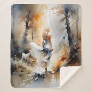 Lady Walking Through A Forest Sherpa Blanket