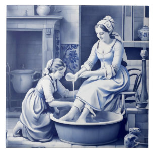 Lady Washing Feet 1700s Delft Blue White Bathroom Tile