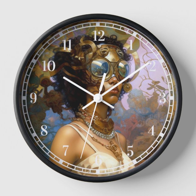 Lady Wearing Goggles Black Fantasy Sci-Fi  Clock (Front)