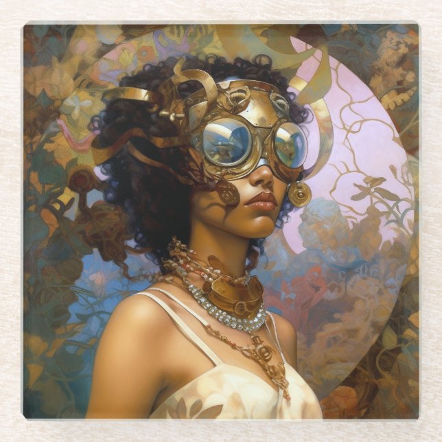 Lady Wearing Goggles Black Fantasy Sci-Fi  Glass Coaster (Front)