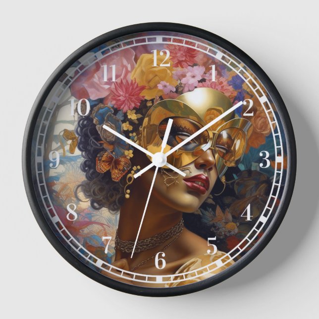 Lady Wearing Mask Black Fantasy Art Clock (Front)