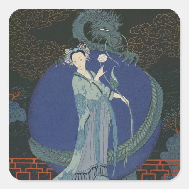 Lady with a Dragon (colour litho) Square Sticker (Front)