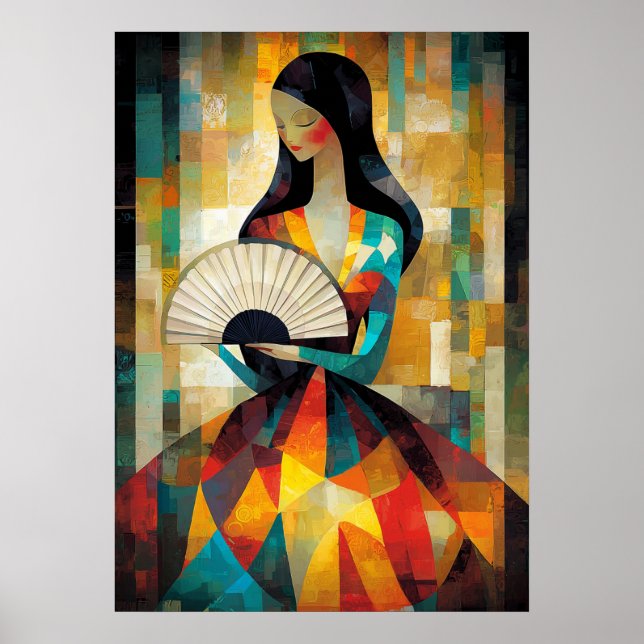 Lady with a Fan - Cubist masterpiece inspired Poster (Front)