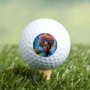 Lady with a floral suit jacket golf balls