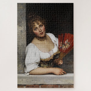 Lady with a Red Fan (by Eugene de Blaas) Jigsaw Puzzle