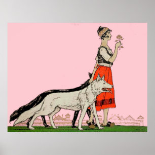 Lady with a Rose and Her dogs - Vintage Art Poster