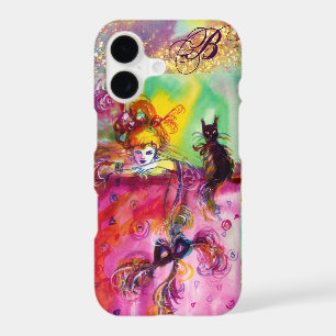 LADY WITH BLACK CAT AND MASK Masquerade Monogram