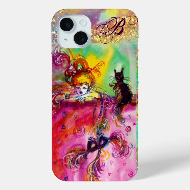 LADY WITH BLACK CAT AND MASK Masquerade Monogram Case-Mate iPhone Case (Back)