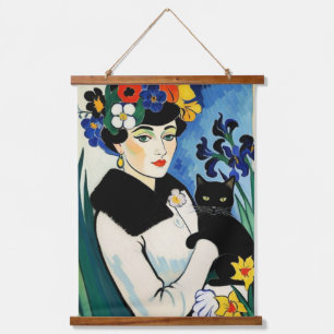 Lady with Black Cat Hanging Tapestry