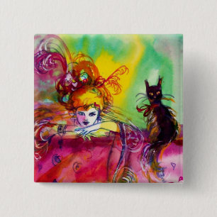 LADY WITH BLACK CAT /Mardi Gras  Masquerade Party 15 Cm Square Badge