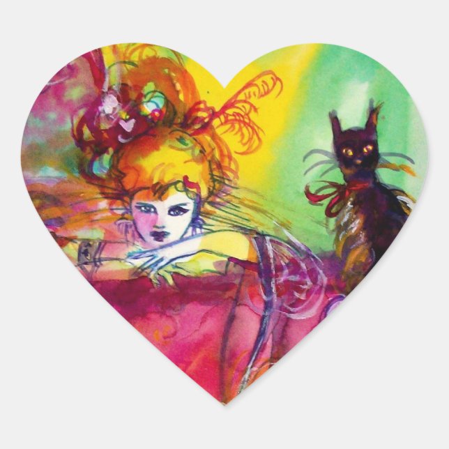LADY WITH BLACK CAT / Venetian Masquerade Heart Sticker (Front)