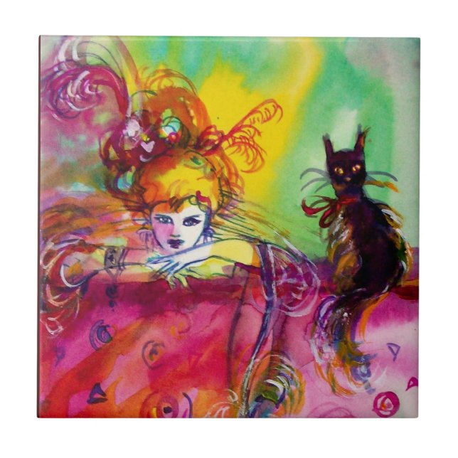 LADY WITH BLACK CAT / Venetian Masquerade Tile (Front)
