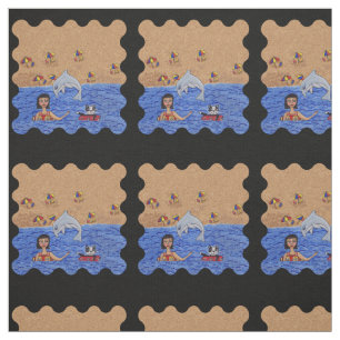 Lady With Cat Swimming in Ocean Jumping Dolphin Fabric