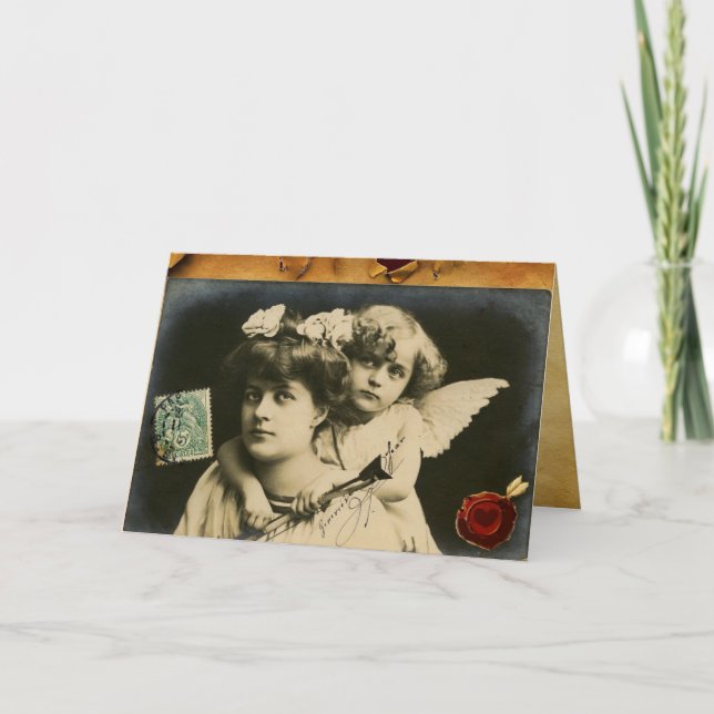 LADY WITH CUPID,RED HEART WAX SEAL Mother's Day Card (Front)